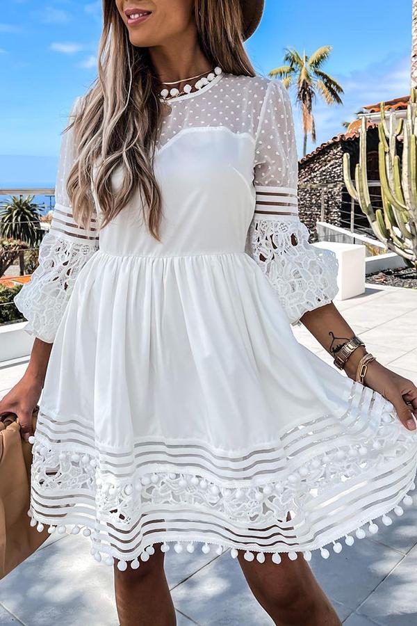 White Temperament Lace Stitching Long-sleeved Midi Dress