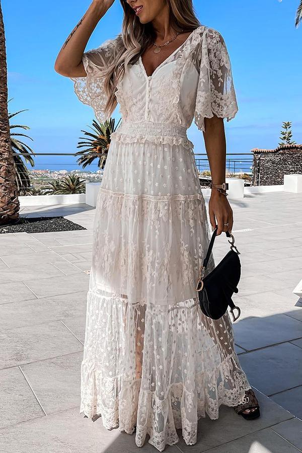 White Mesh Lace Sequin Maxi Dress