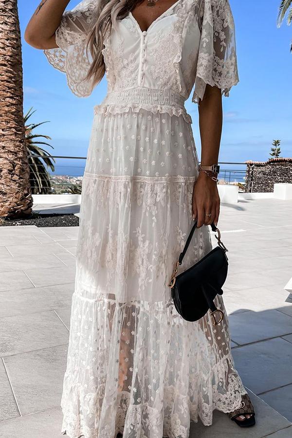 White Mesh Lace Sequin Maxi Dress