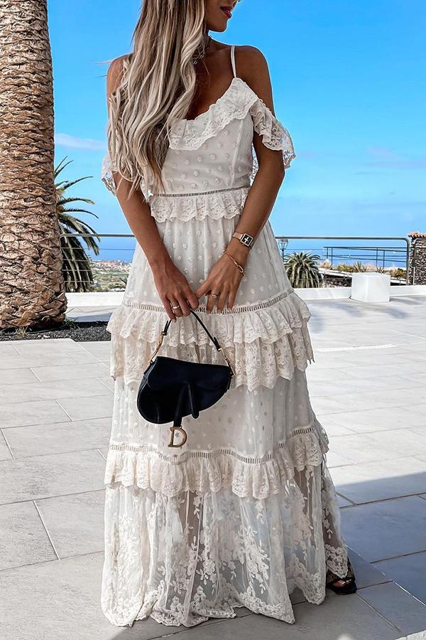 White Mesh Lace Sequin Maxi Dress