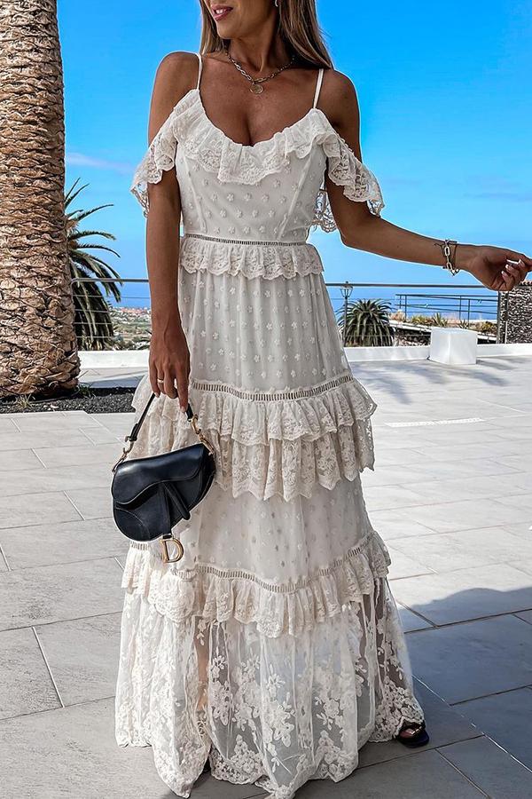 White Mesh Lace Sequin Maxi Dress