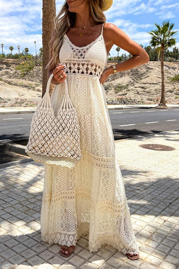 White Lace Stitching Hollow Maxi Dress