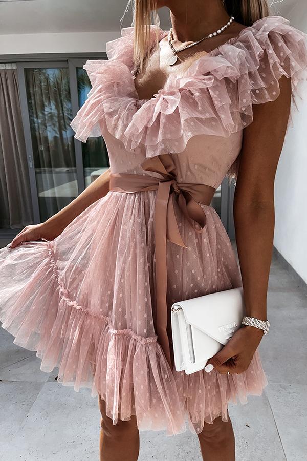 Pink V-neck Mesh Stitching Mini Evening Dress