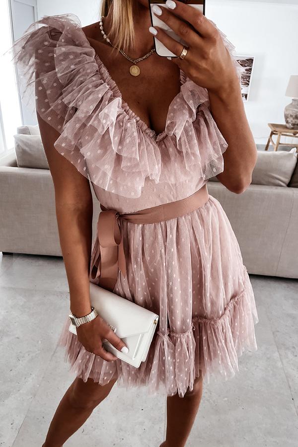 Pink V-neck Mesh Stitching Mini Evening Dress