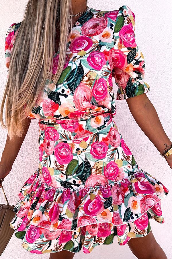 Colorful Plant Print Mini Cute Dress