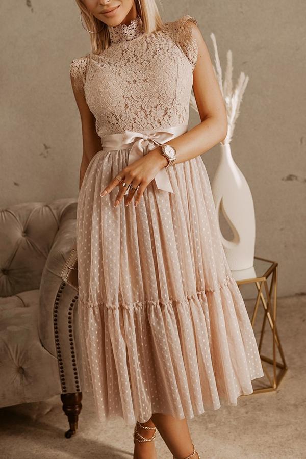 Ruffled Lace Mesh Stitching Midi Dress