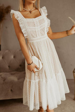 Ruffled Lace Mesh Stitching Midi Dress