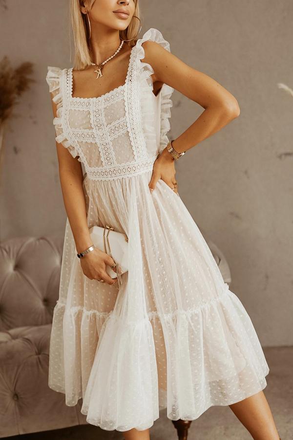 Ruffled Lace Mesh Stitching Midi Dress