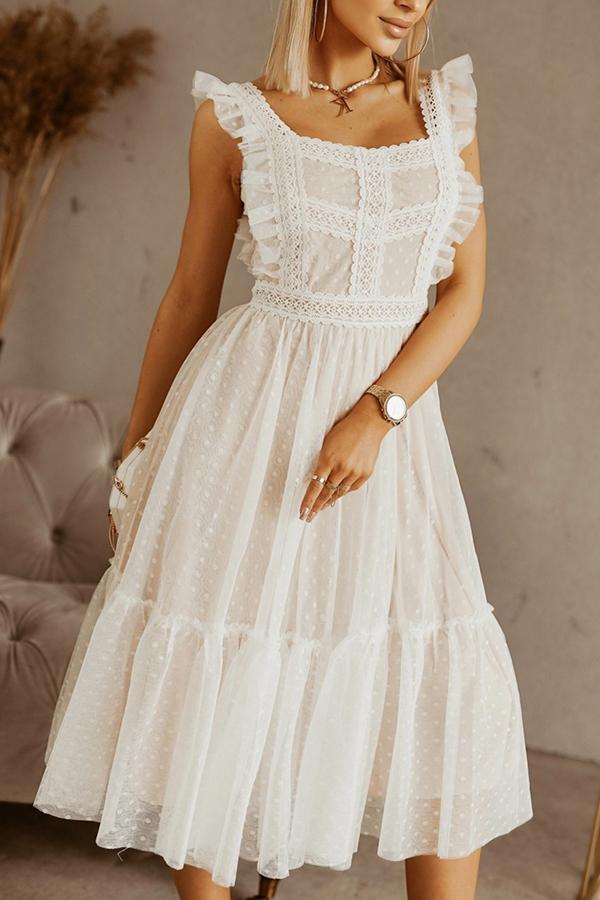 Ruffled Lace Mesh Stitching Midi Dress