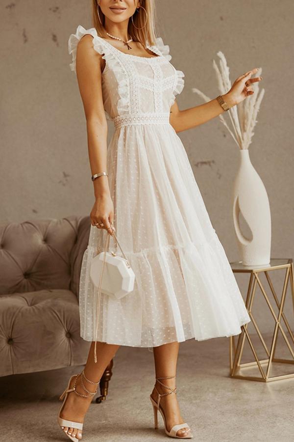 Ruffled Lace Mesh Stitching Midi Dress