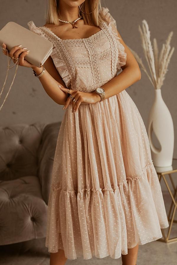 Ruffled Lace Mesh Stitching Midi Dress