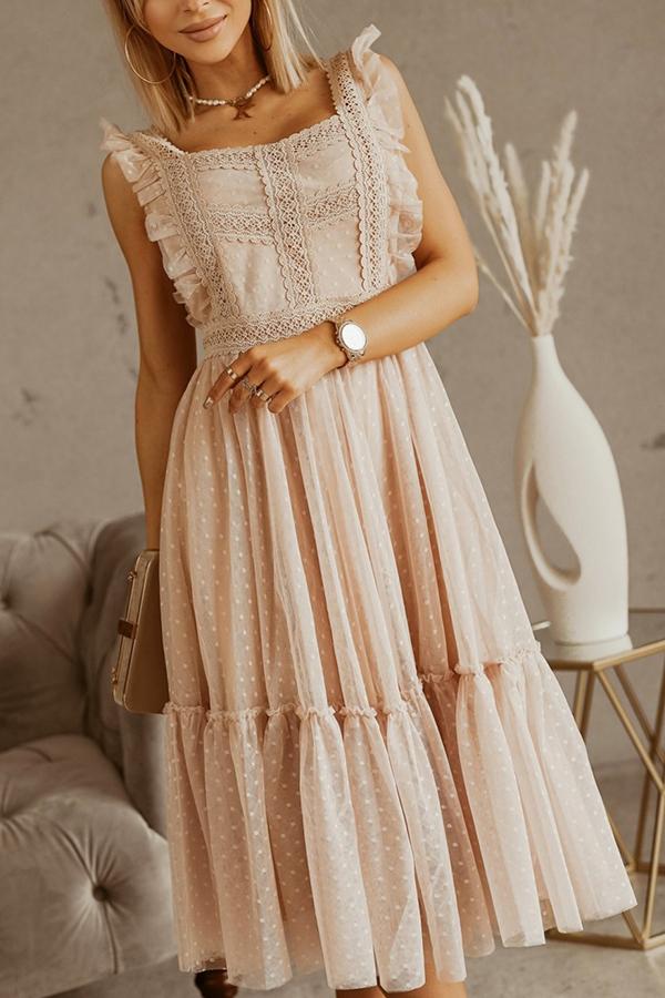 Ruffled Lace Mesh Stitching Midi Dress