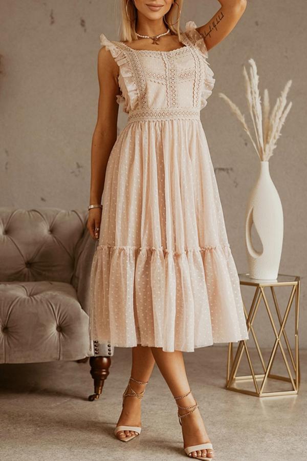 Ruffled Lace Mesh Stitching Midi Dress