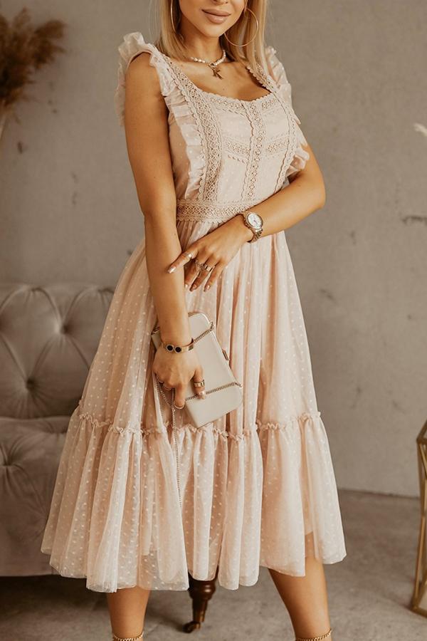 Ruffled Lace Mesh Stitching Midi Dress