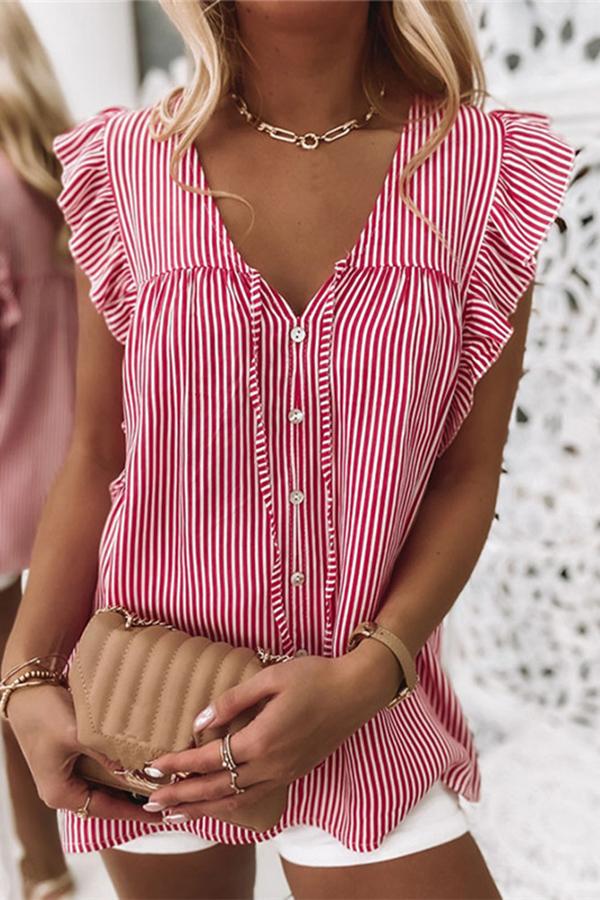 Casual Striped Printed V-neck Short-sleeved Shirt