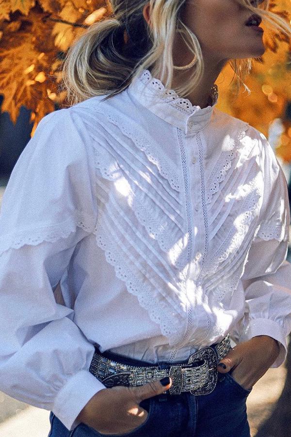 Casual Solid Color Lace Slim Long-sleeved Shirt