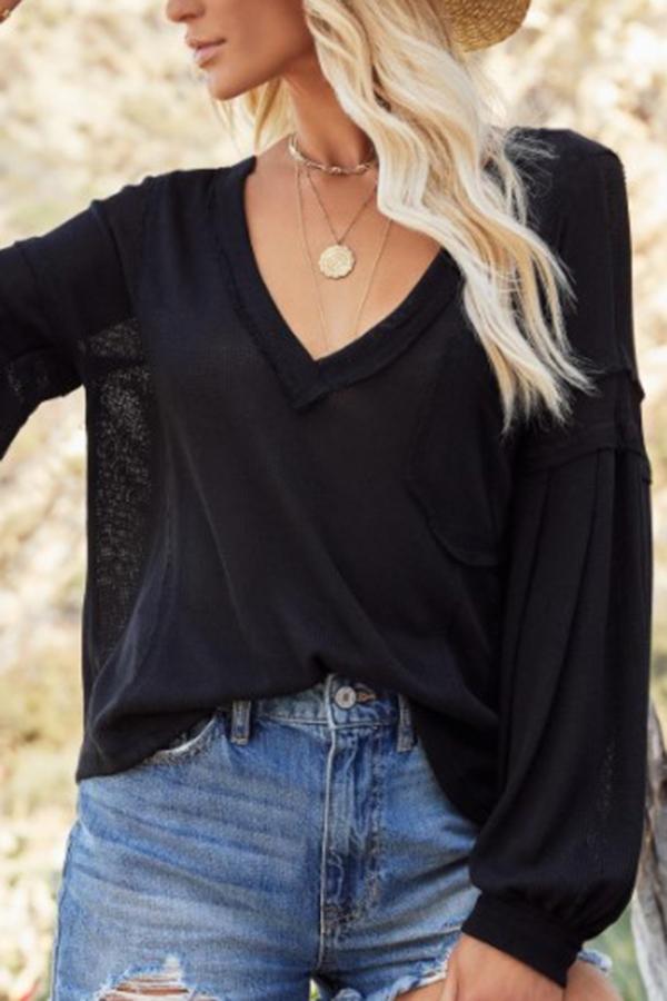 Loose V-neck Lantern Sleeve Knit Top