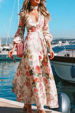 Deep V-neck Long Sleeve Printed Dress