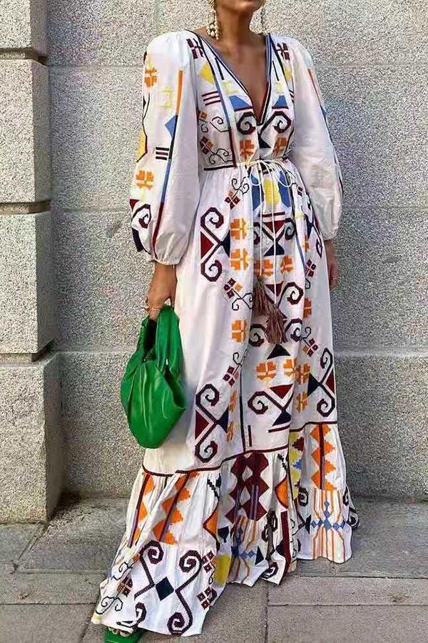 Fashion Print Lantern Long Sleeve Dress