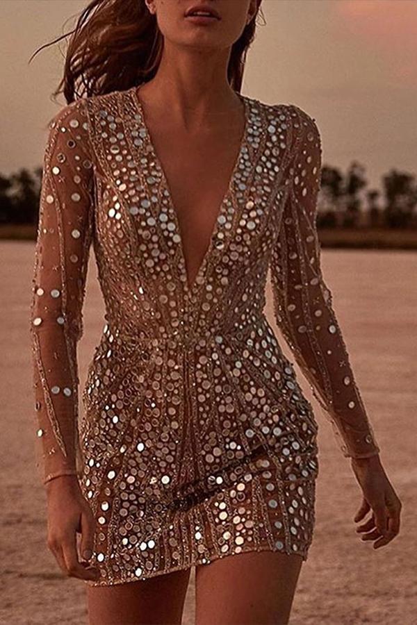 Deep V Long Sleeve Sequin Dress