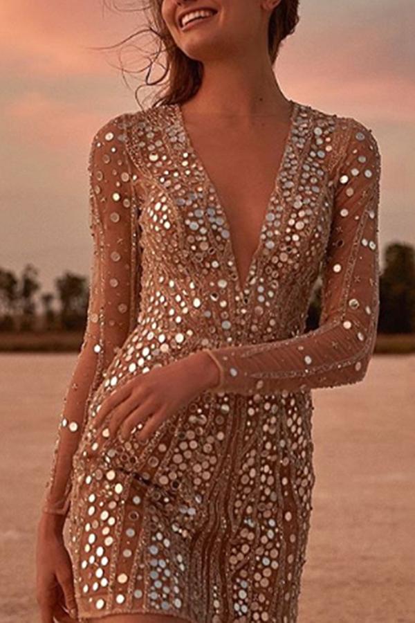 Deep V Long Sleeve Sequin Dress