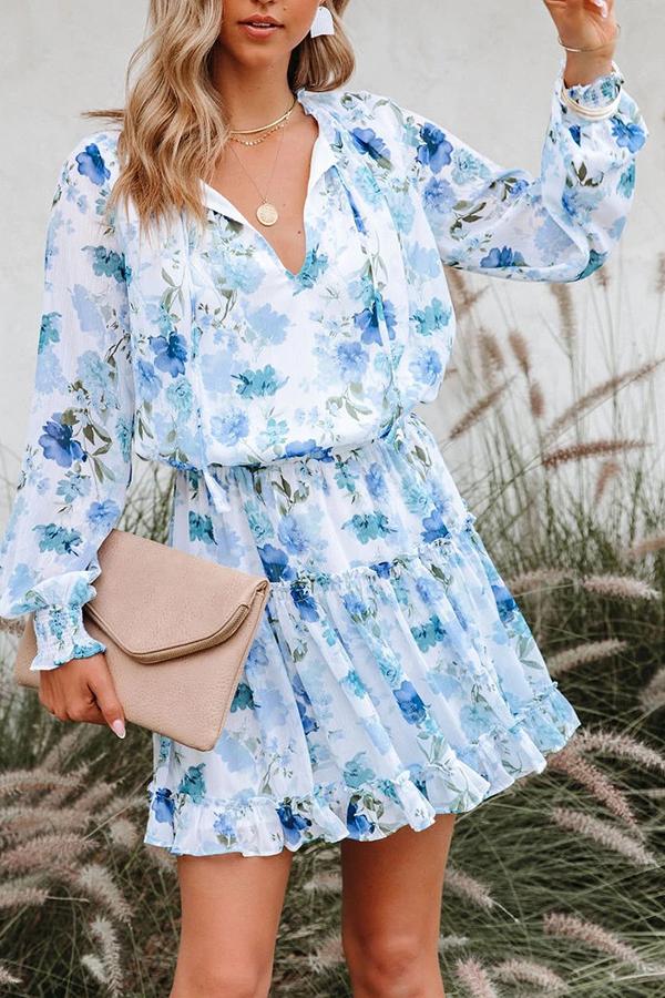 Fashion V-neck Chiffon Ruffle Printed Dress