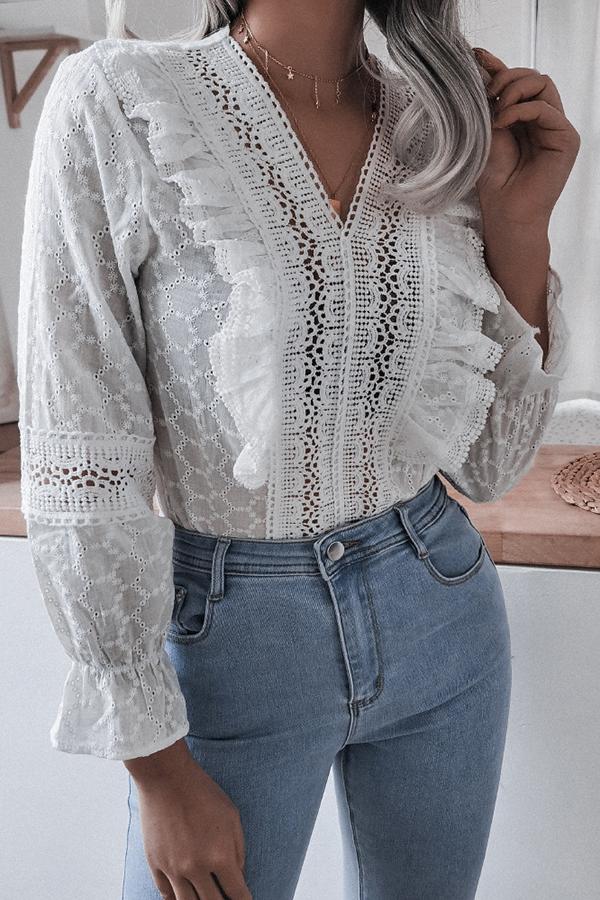 Lace Ruffled Flared Sleeve Casual Shirt