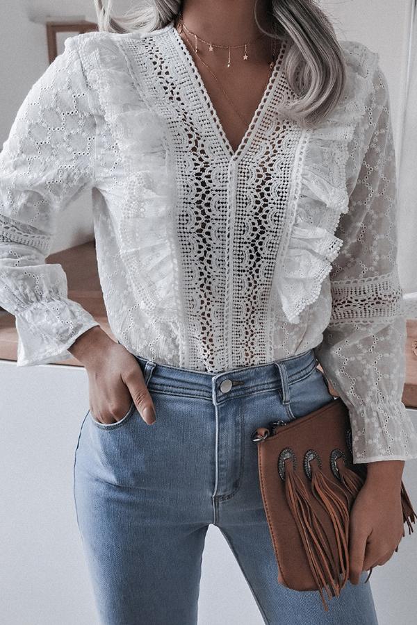 Lace Ruffled Flared Sleeve Casual Shirt