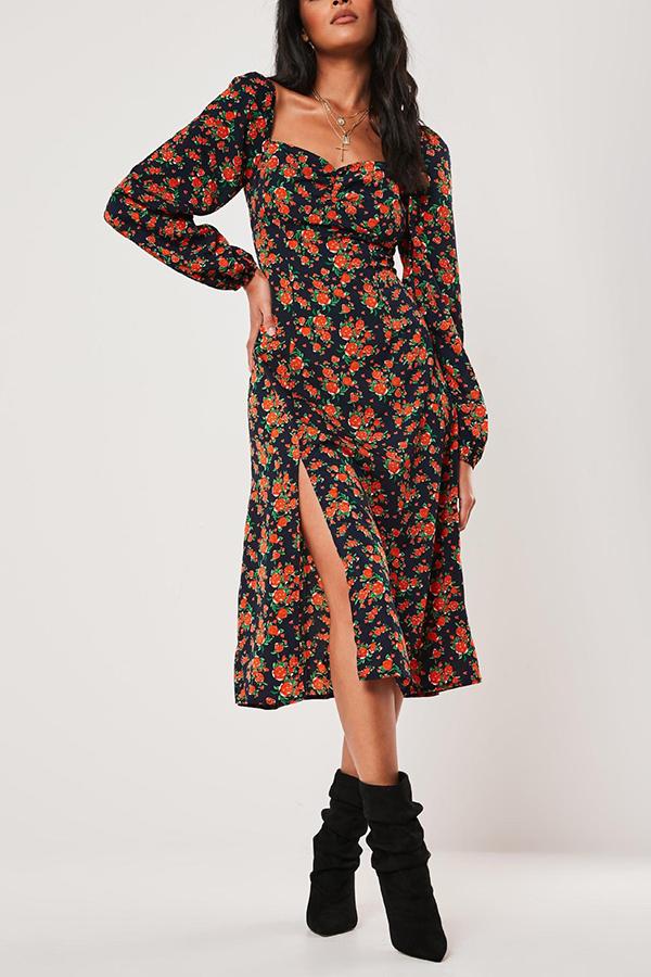 Gentle Wind Square Neck Long Sleeve Printed Dress