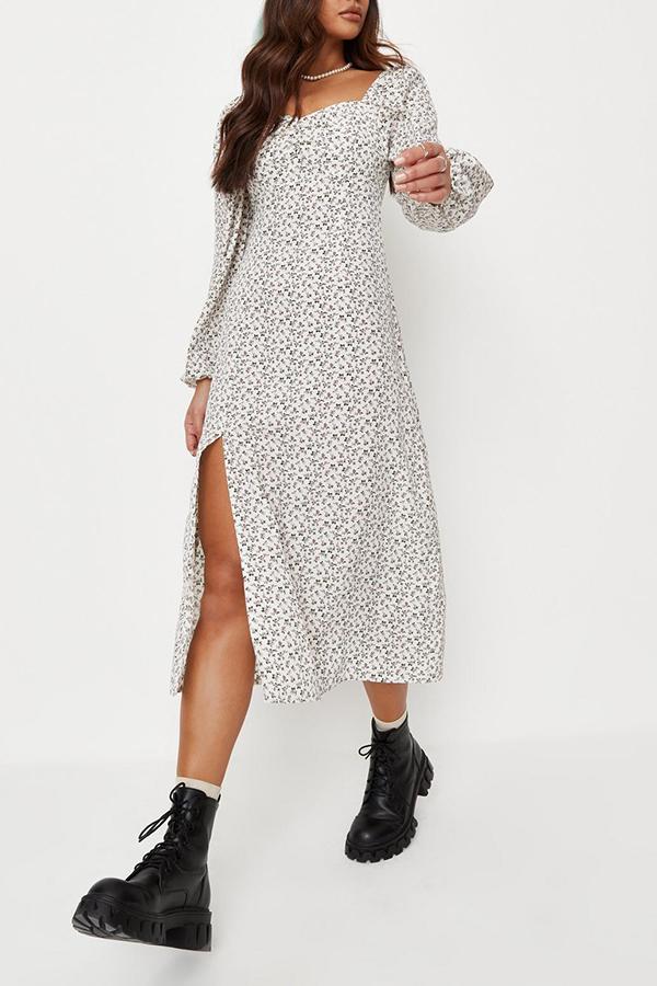 Gentle Wind Square Neck Long Sleeve Printed Dress