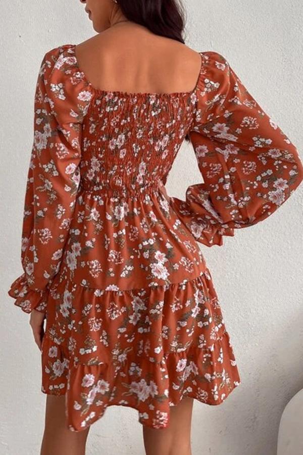 Long Sleeve Printed Square Neck Dress