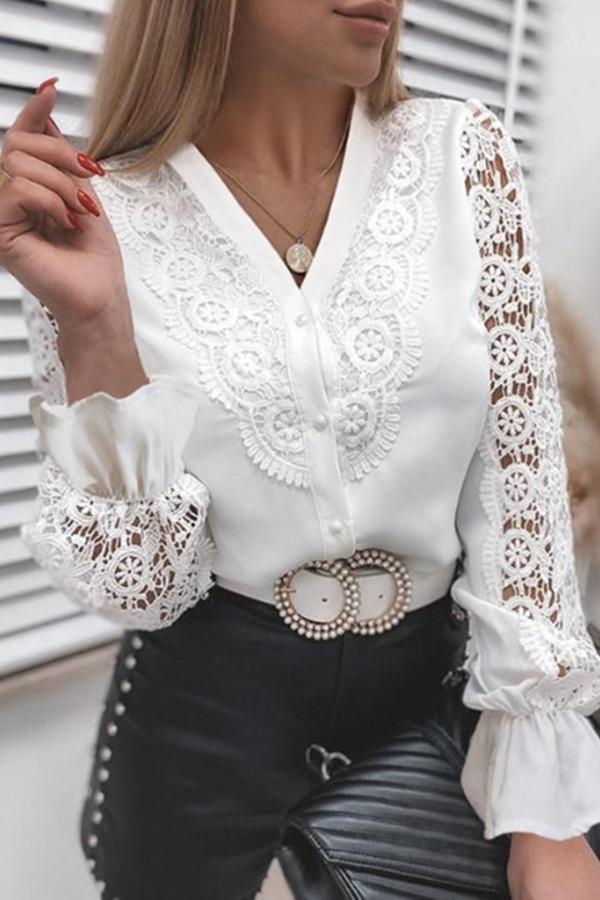 Long-sleeved V-neck Buttoned Shirt