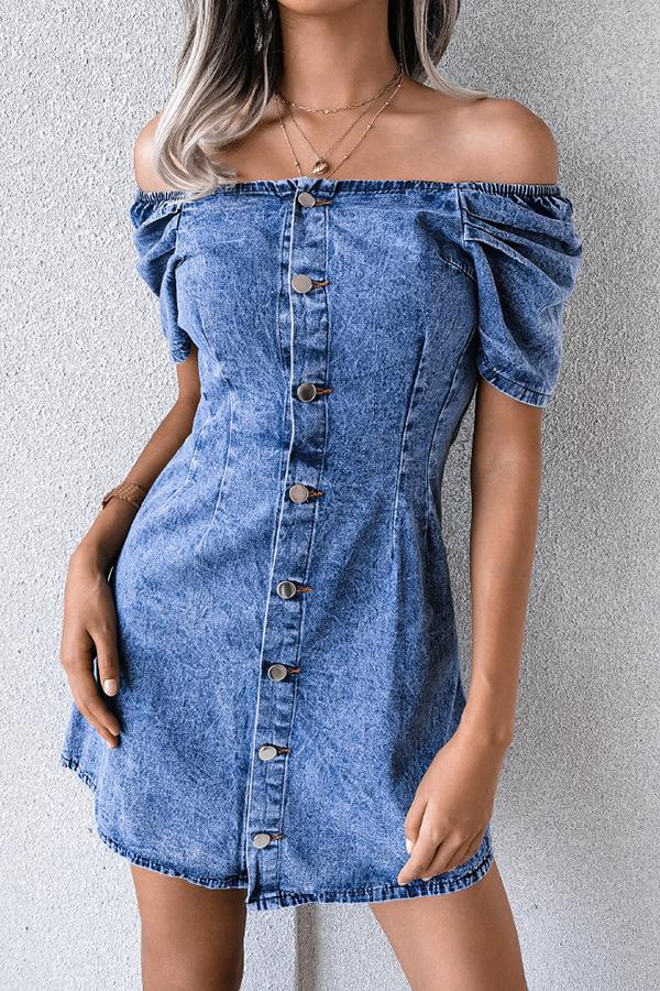 Off-shoulder Single-breasted Denim Dress