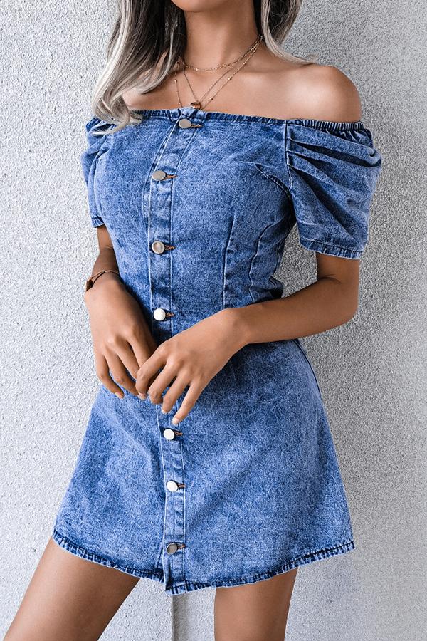 Off-shoulder Single-breasted Denim Dress