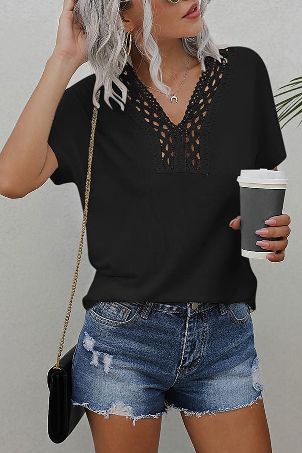 Lace Solid Color V-neck Short-sleeved T-shirt