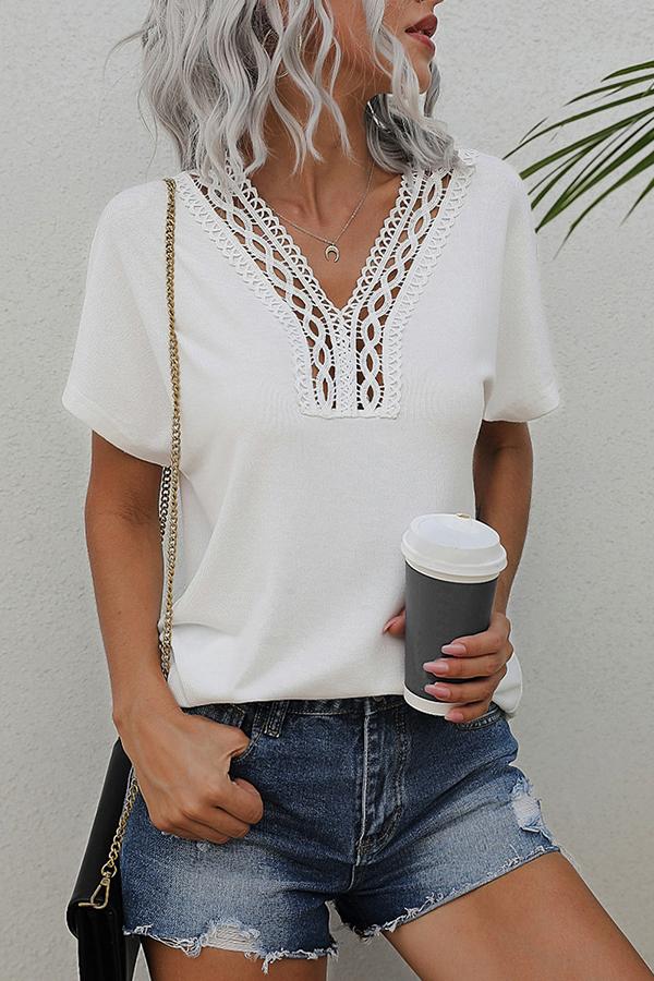 Lace Solid Color V-neck Short-sleeved T-shirt