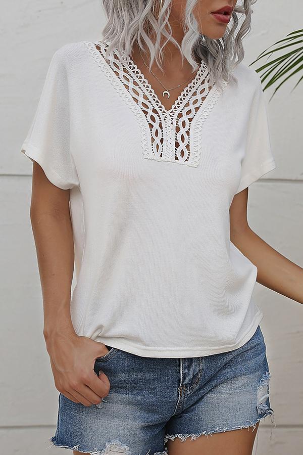 Lace Solid Color V-neck Short-sleeved T-shirt