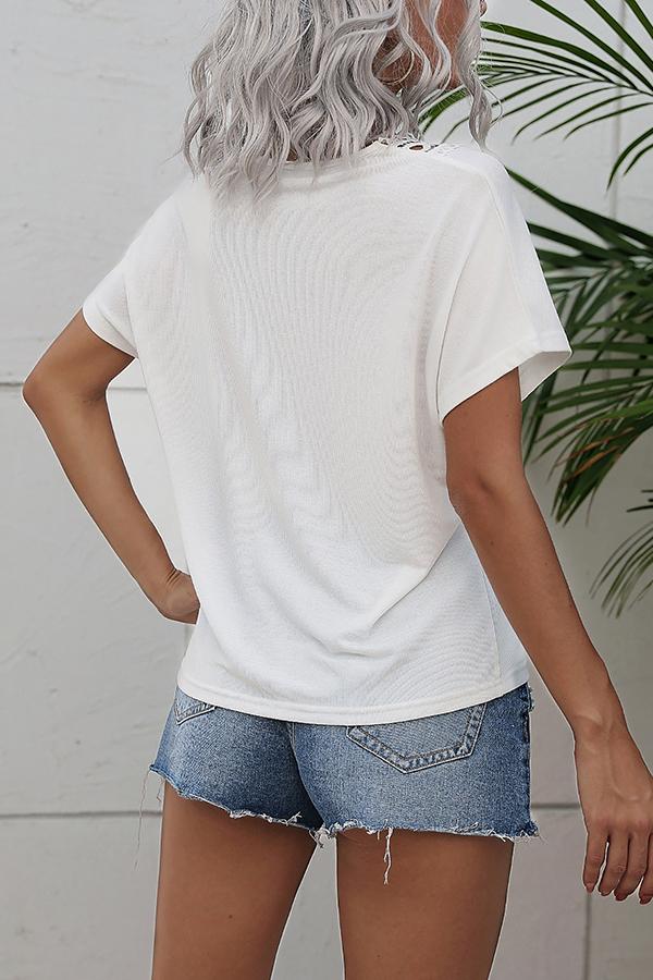 Lace Solid Color V-neck Short-sleeved T-shirt