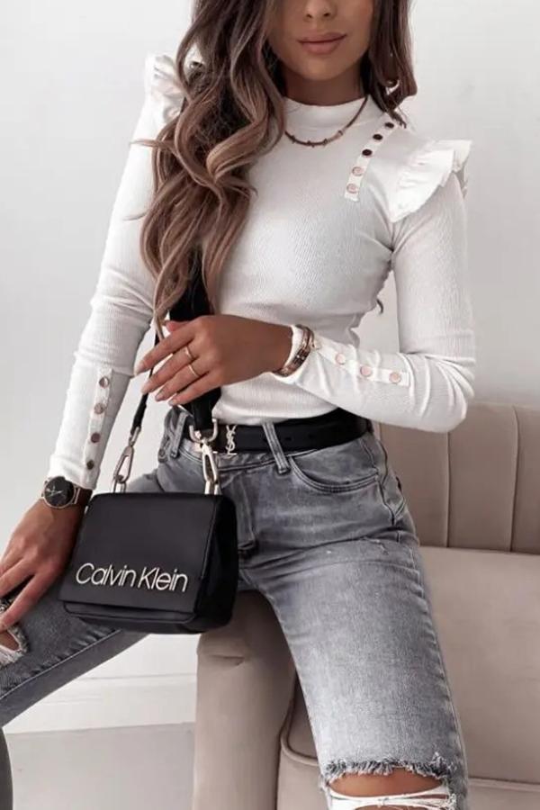 Long-sleeved Ruffled Button Knit Top