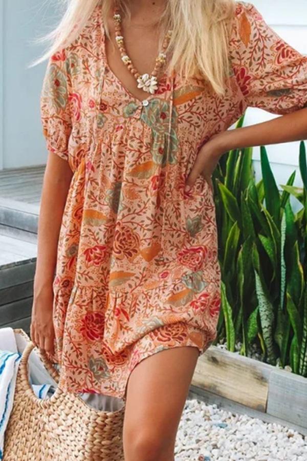 Girly Floral Print Lace-up Dress