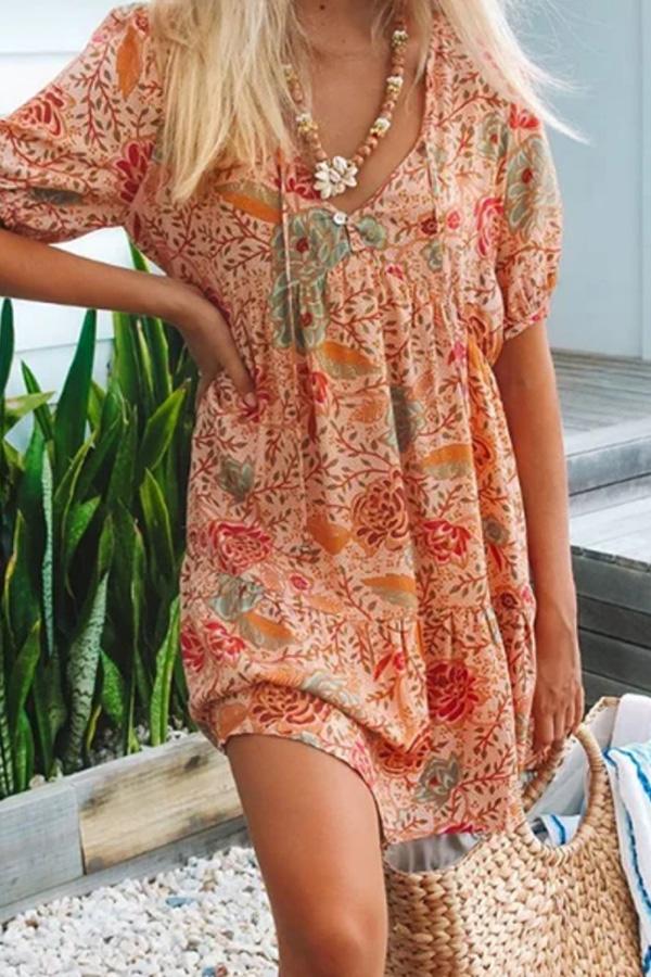 Girly Floral Print Lace-up Dress