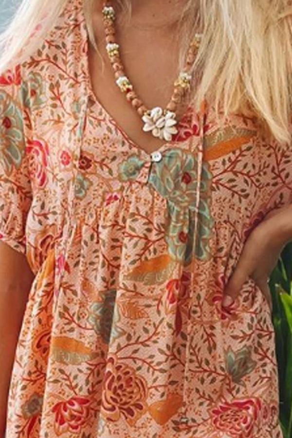 Girly Floral Print Lace-up Dress