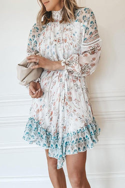 High Neck Ribbon Lace Chiffon Print Swing Dress