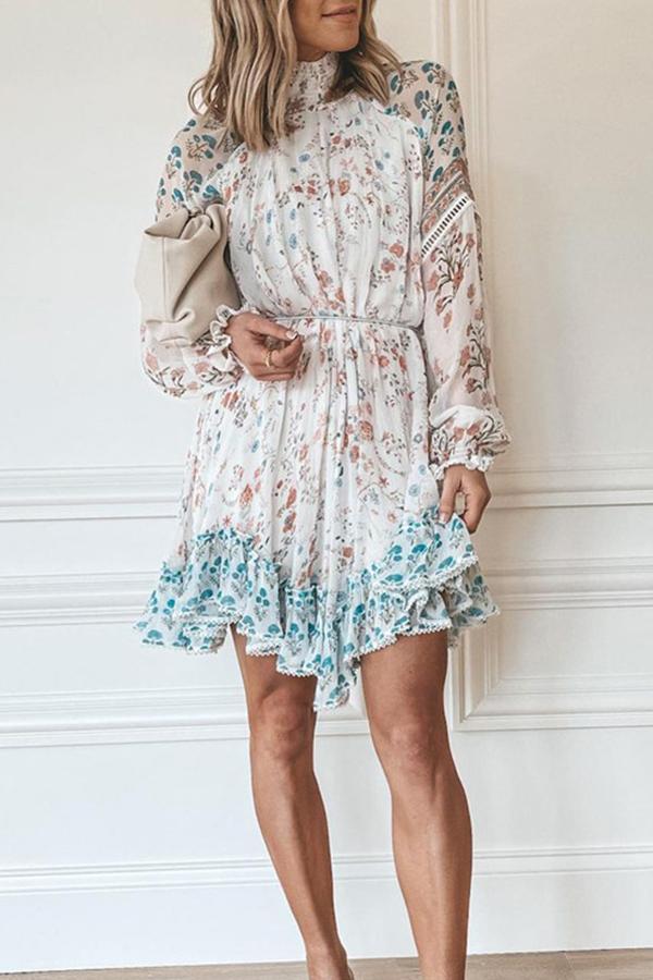 High Neck Ribbon Lace Chiffon Print Swing Dress