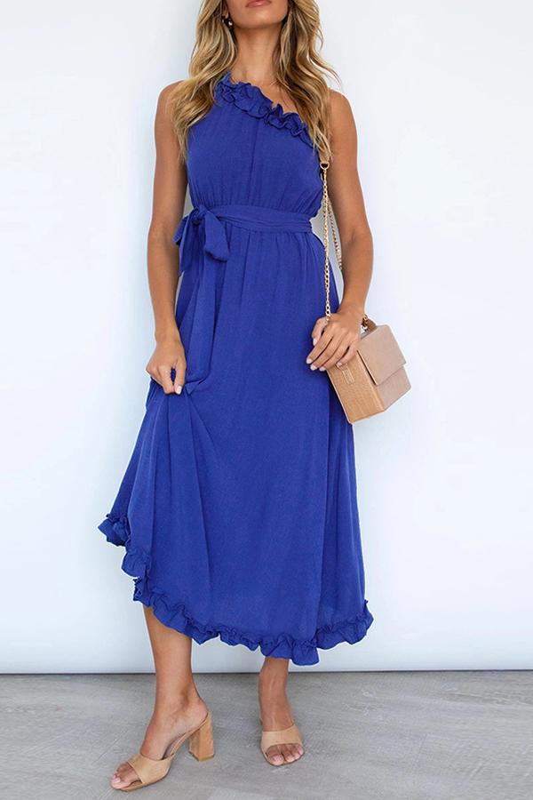 Elegant Solid Color Ruffle Collar Belt Dress