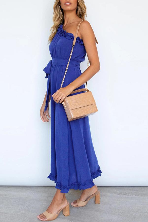 Elegant Solid Color Ruffle Collar Belt Dress