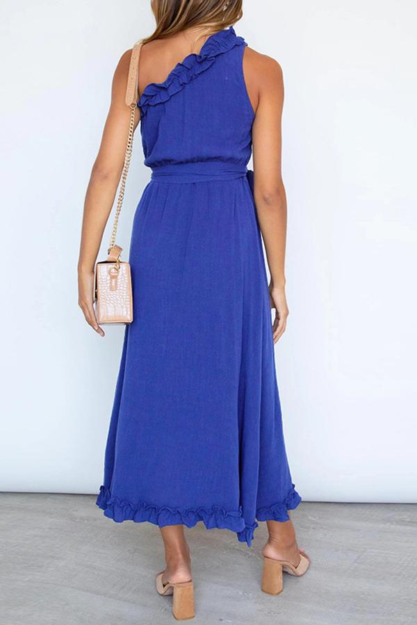 Elegant Solid Color Ruffle Collar Belt Dress