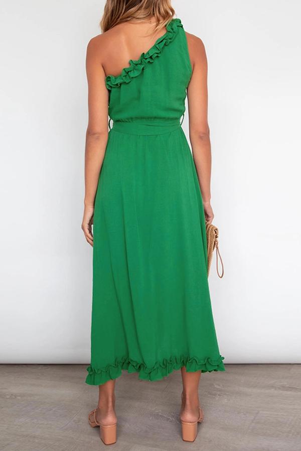 Elegant Solid Color Ruffle Collar Belt Dress