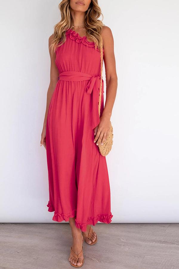 Elegant Solid Color Ruffle Collar Belt Dress