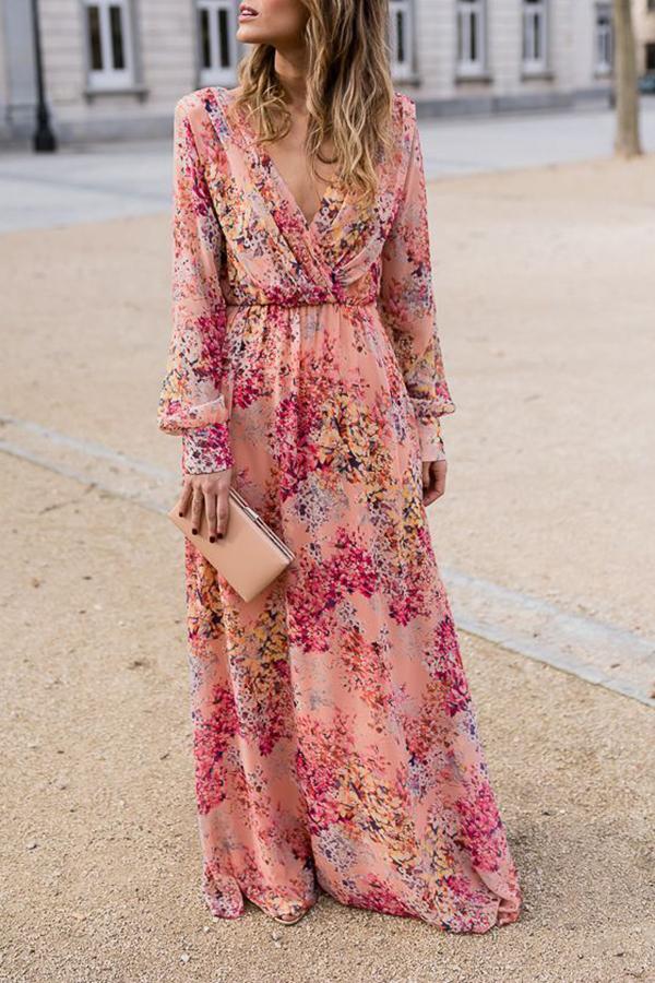 Charming Floral Print V Neck Dress